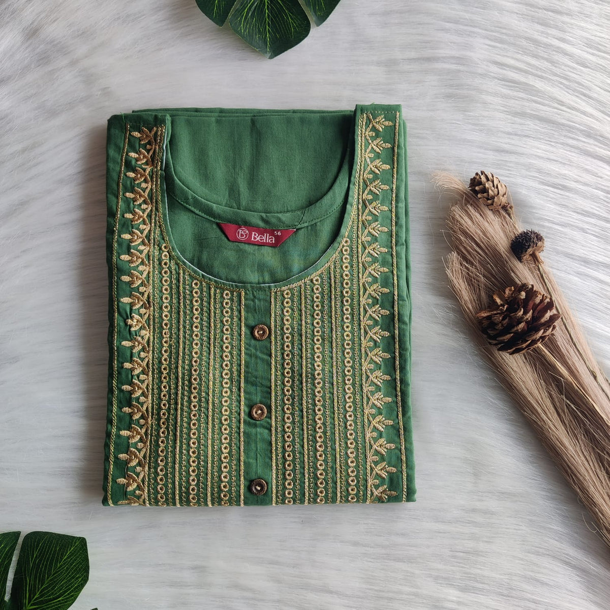 Green Golden Thread Embroidery 3/4 Sleeve Cotton Churidar Cut Nighty  | Chest Width 44″ | Length 56″