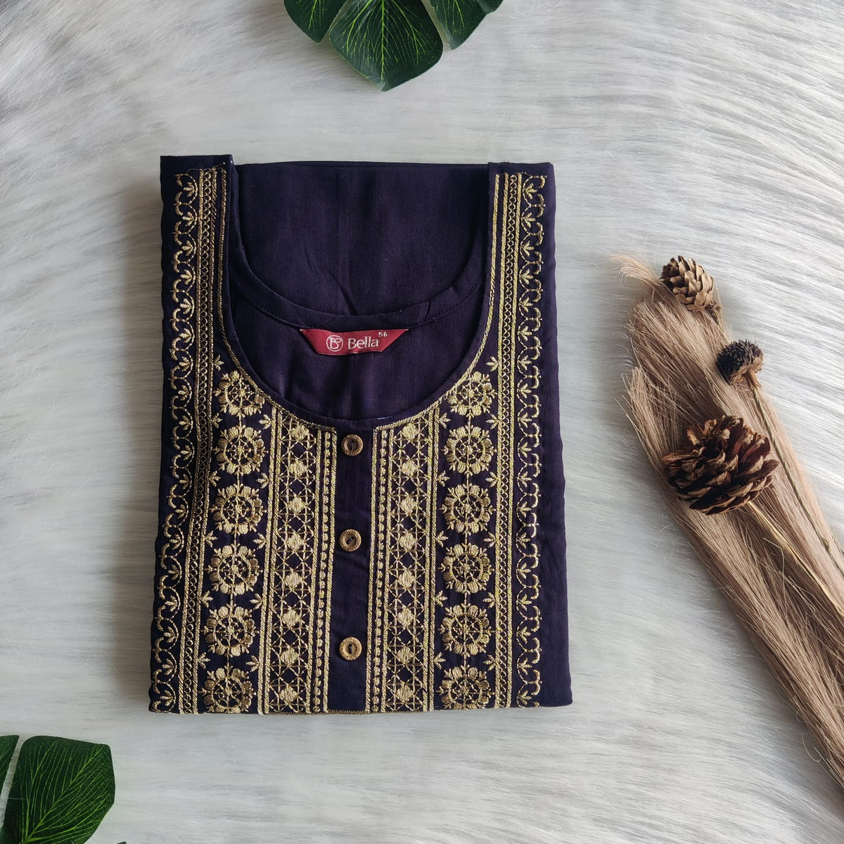 Navy Blue Golden Thread Embroidery 3/4 Sleeve Cotton Churidar Cut Nighty  | Chest Width 44″ | Length 56″