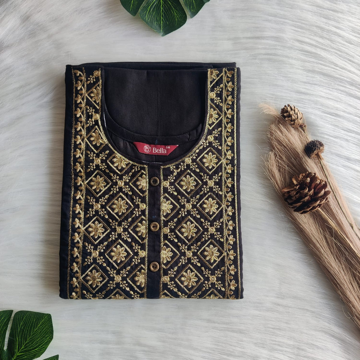 Black Golden Thread Embroidery 3/4 Sleeve Cotton Churidar Cut Nighty  | Chest Width 44″ | Length 56″