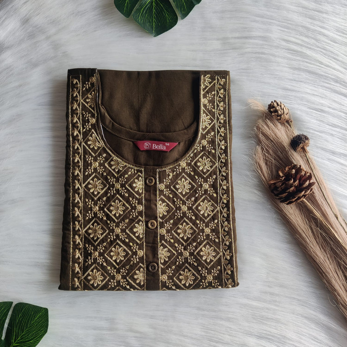 Olive Green Golden Thread Embroidery 3/4 Sleeve Cotton Churidar Cut Nighty  | Chest Width 44″ | Length 56″