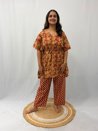 Red Floral Printed Jaipur Cotton Feeding Kaftan Loungewear Pyjama Set | Free Size
