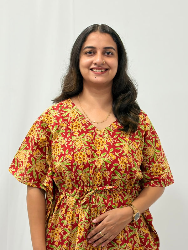 Red Floral Printed Jaipur Cotton Feeding Kaftan Loungewear Pyjama Set | Free Size