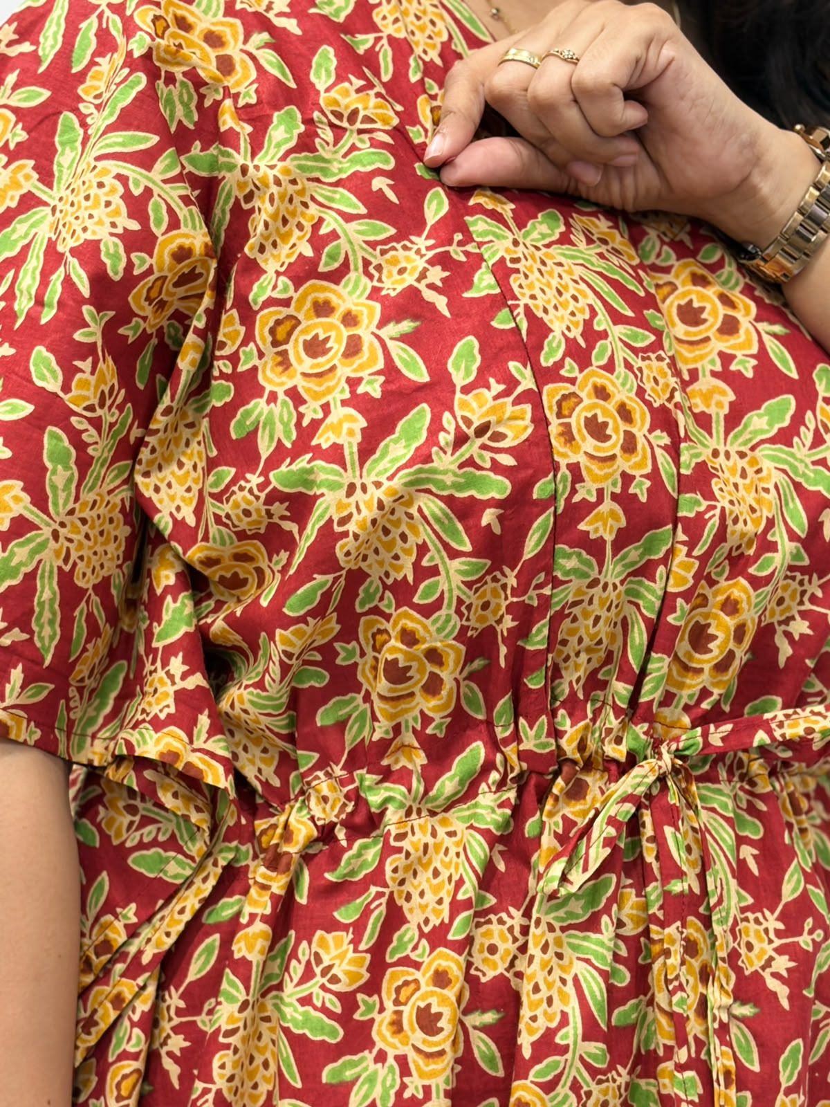 Red Floral Printed Jaipur Cotton Feeding Kaftan Loungewear Pyjama Set | Free Size