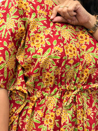 Red Floral Printed Jaipur Cotton Feeding Kaftan Loungewear Pyjama Set | Free Size