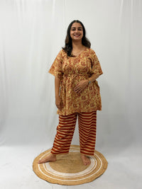 Brown And Cream Printed Jaipur Cotton Feeding Kaftan Loungewear Pyjama Set | Free Size
