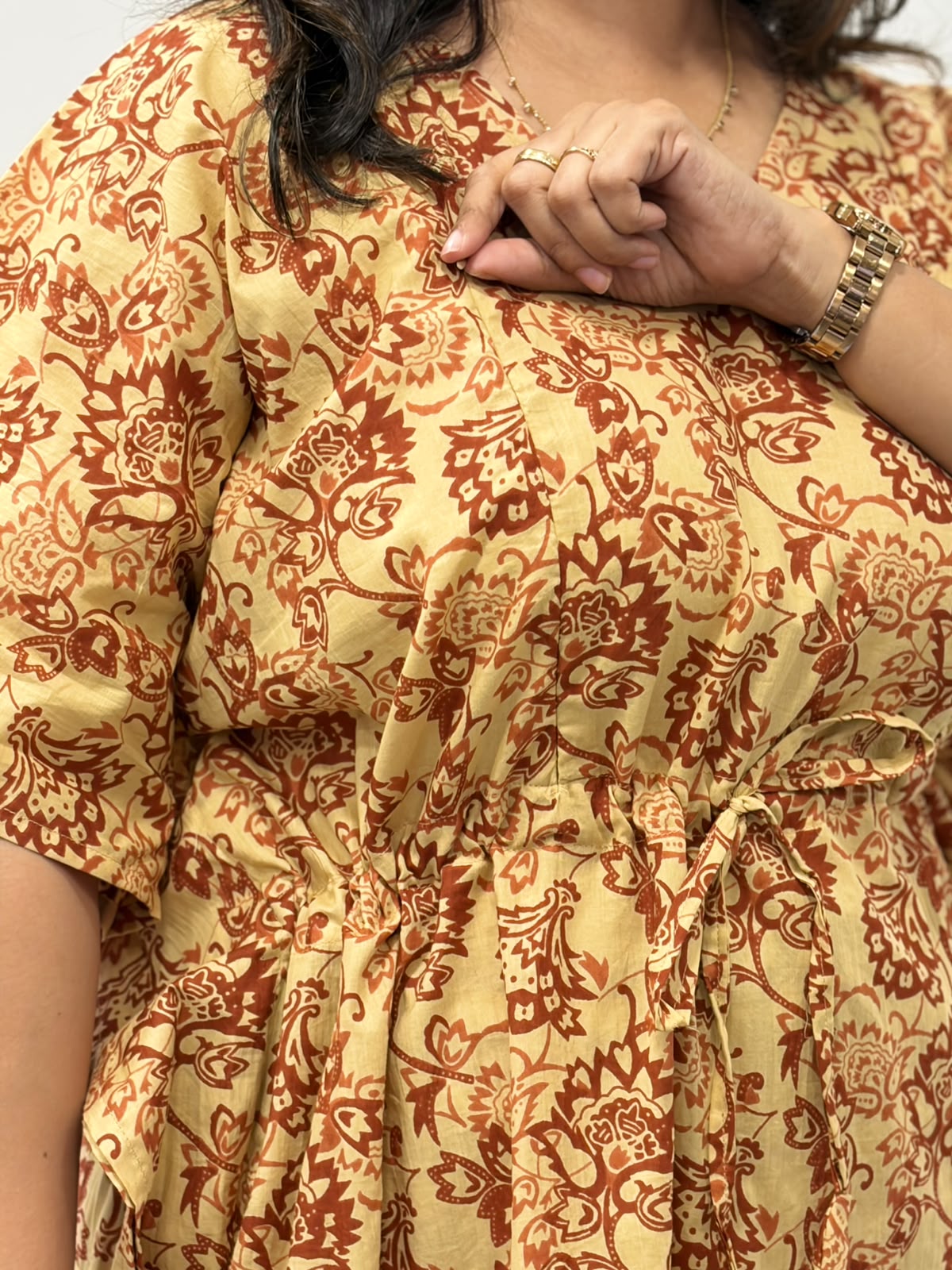 Brown And Cream Printed Jaipur Cotton Feeding Kaftan Loungewear Pyjama Set | Free Size