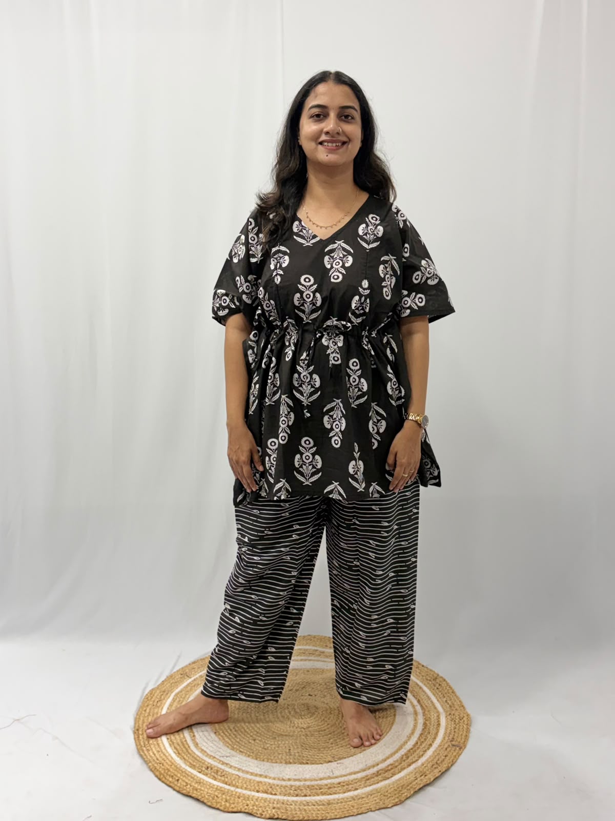 Black Floral Printed Jaipur Cotton Feeding Kaftan Loungewear Pyjama Set | Free Size