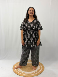 Black Floral Printed Jaipur Cotton Feeding Kaftan Loungewear Pyjama Set | Free Size