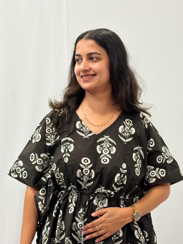 Black Floral Printed Jaipur Cotton Feeding Kaftan Loungewear Pyjama Set | Free Size
