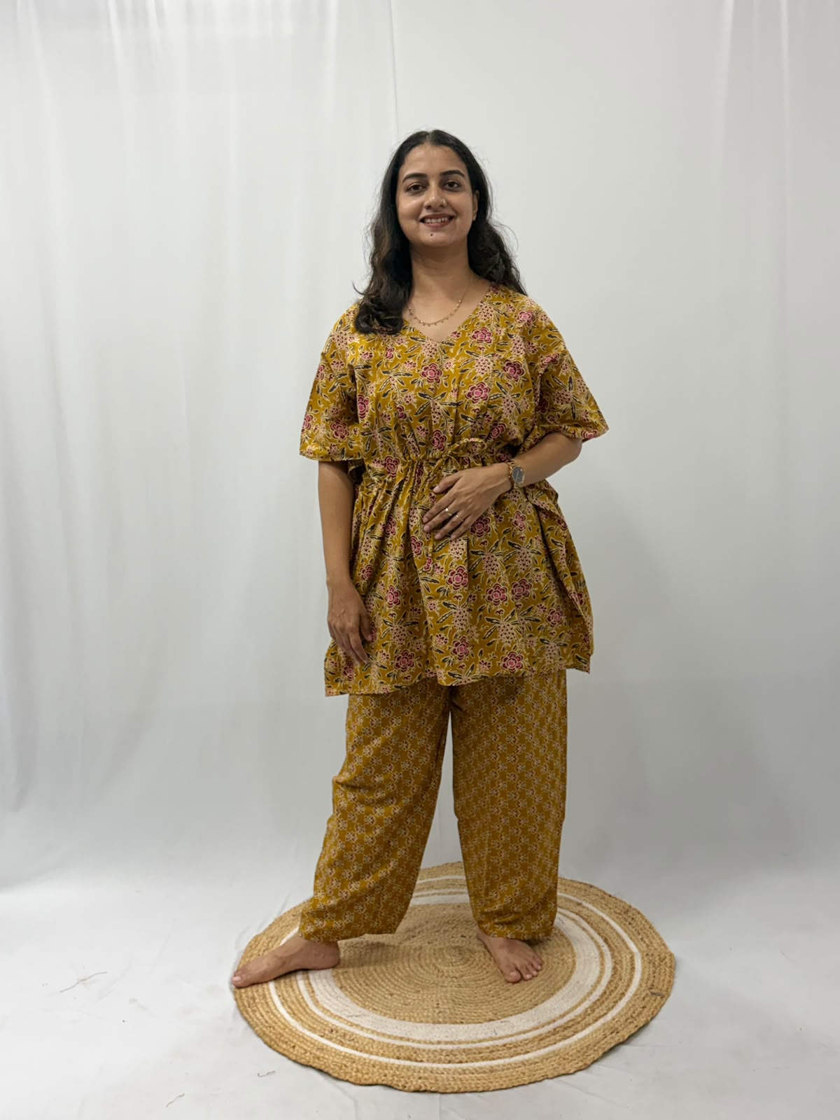 Mustard Yellow Floral Printed Jaipur Cotton Feeding Kaftan Loungewear Pyjama Set | Free Size
