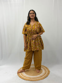 Mustard Yellow Floral Printed Jaipur Cotton Feeding Kaftan Loungewear Pyjama Set | Free Size