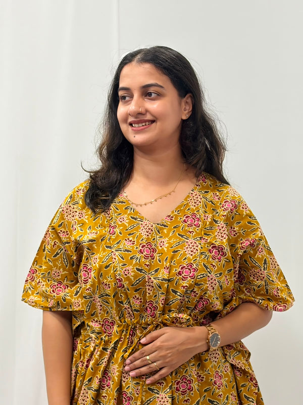 Mustard Yellow Floral Printed Jaipur Cotton Feeding Kaftan Loungewear Pyjama Set | Free Size