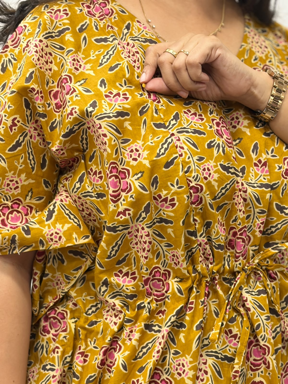Mustard Yellow Floral Printed Jaipur Cotton Feeding Kaftan Loungewear Pyjama Set | Free Size