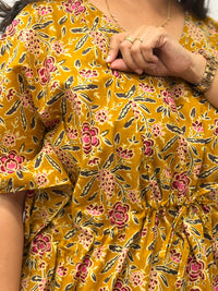 Mustard Yellow Floral Printed Jaipur Cotton Feeding Kaftan Loungewear Pyjama Set | Free Size