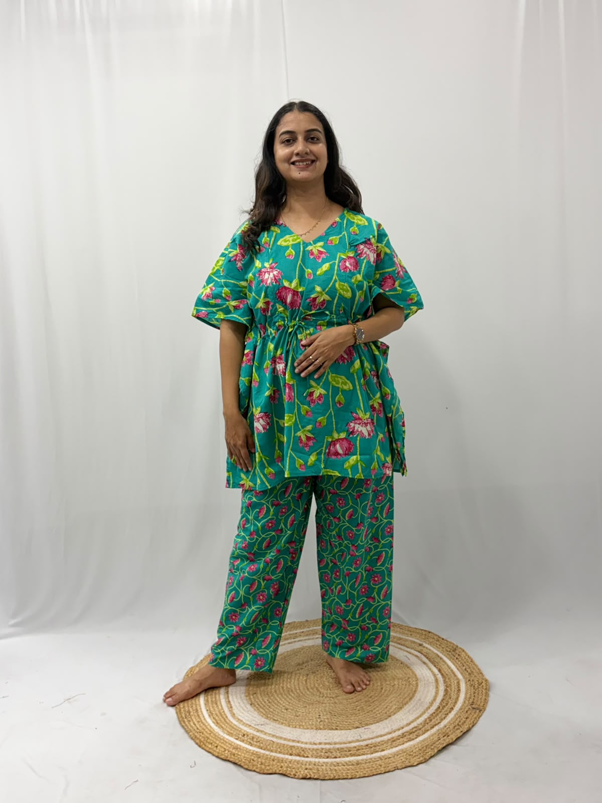 Aqua Green Floral Printed Jaipur Cotton Feeding Kaftan Loungewear Pyjama Set | Free Size