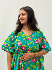 Aqua Green Floral Printed Jaipur Cotton Feeding Kaftan Loungewear Pyjama Set | Free Size