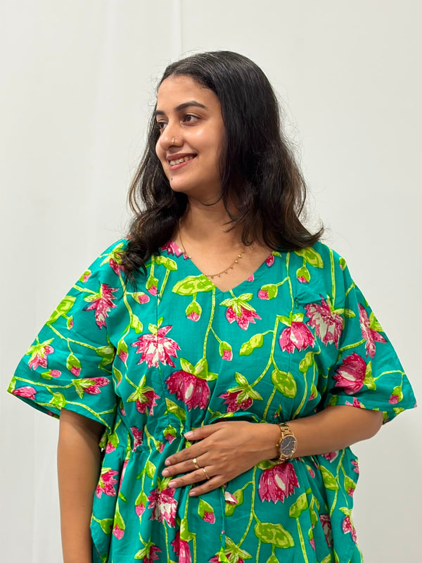 Aqua Green Floral Printed Jaipur Cotton Feeding Kaftan Loungewear Pyjama Set | Free Size