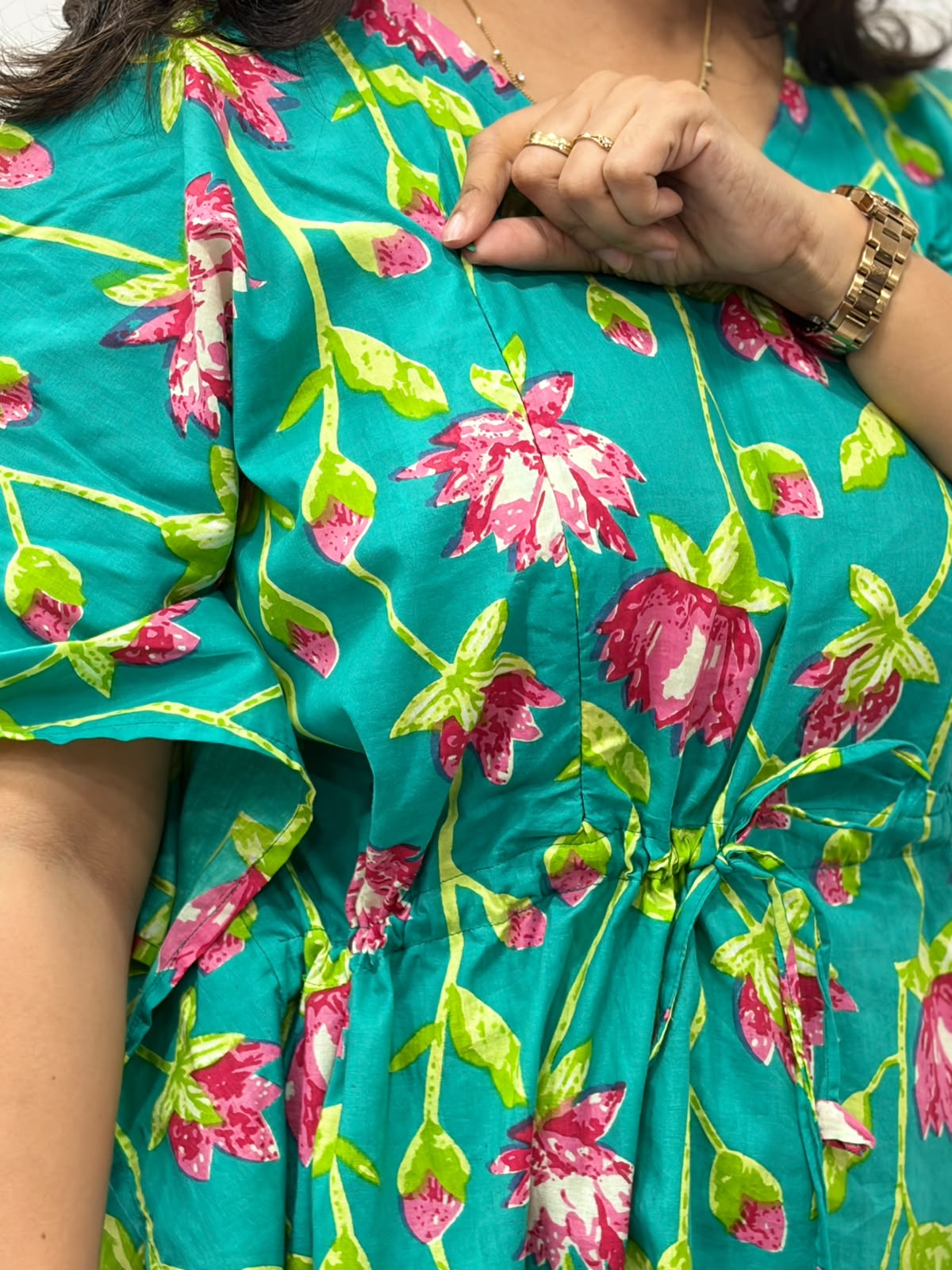 Aqua Green Floral Printed Jaipur Cotton Feeding Kaftan Loungewear Pyjama Set | Free Size