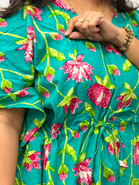 Aqua Green Floral Printed Jaipur Cotton Feeding Kaftan Loungewear Pyjama Set | Free Size