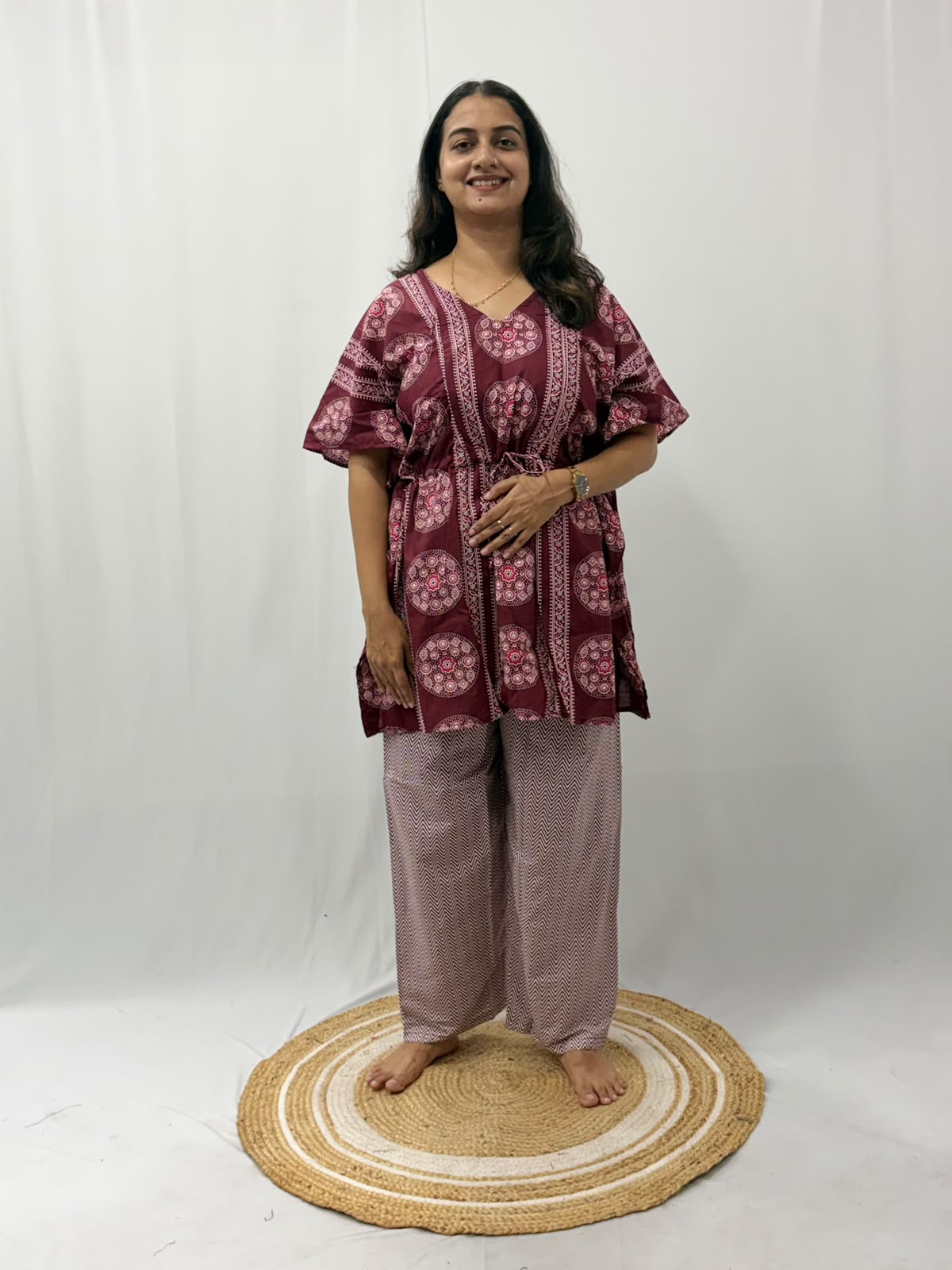 Maroon Printed Jaipur Cotton Feeding Kaftan Loungewear Pyjama Set | Free Size