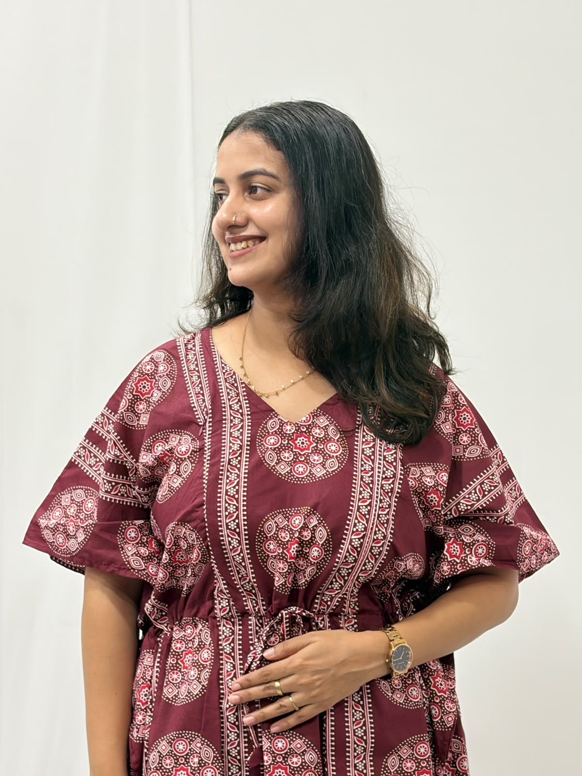 Maroon Printed Jaipur Cotton Feeding Kaftan Loungewear Pyjama Set | Free Size