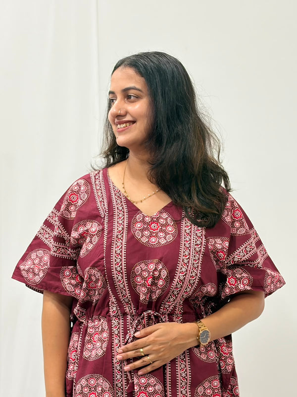 Maroon Printed Jaipur Cotton Feeding Kaftan Loungewear Pyjama Set | Free Size