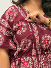 Maroon Printed Jaipur Cotton Feeding Kaftan Loungewear Pyjama Set | Free Size