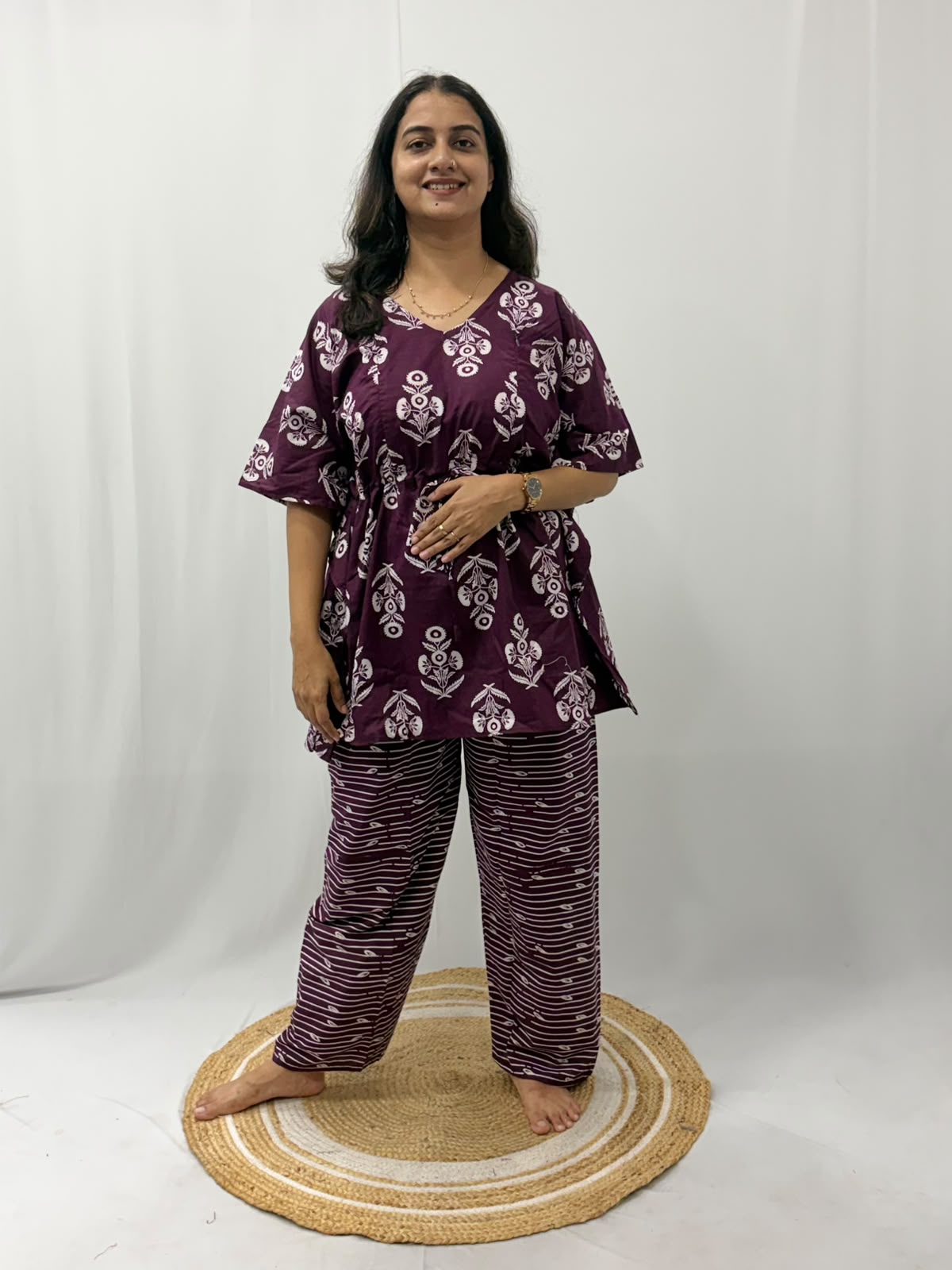 Purple Floral Printed Jaipur Cotton Feeding Kaftan Loungewear Pyjama Set | Free Size