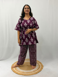 Purple Floral Printed Jaipur Cotton Feeding Kaftan Loungewear Pyjama Set | Free Size