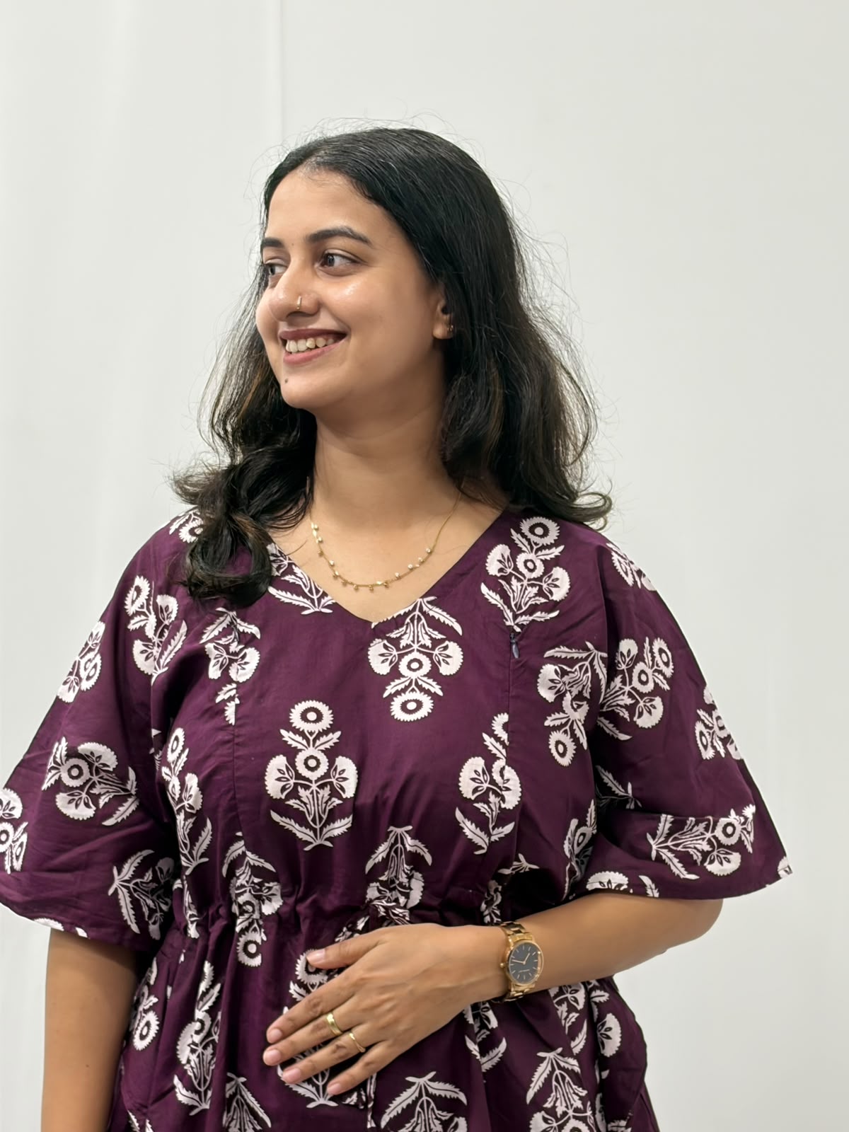 Purple Floral Printed Jaipur Cotton Feeding Kaftan Loungewear Pyjama Set | Free Size