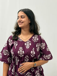 Purple Floral Printed Jaipur Cotton Feeding Kaftan Loungewear Pyjama Set | Free Size