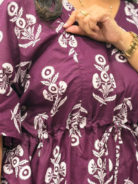 Purple Floral Printed Jaipur Cotton Feeding Kaftan Loungewear Pyjama Set | Free Size