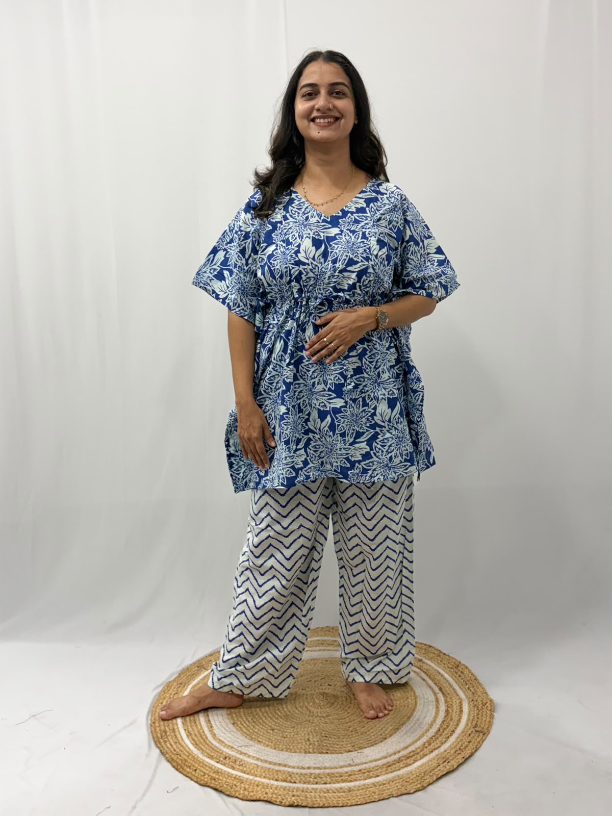 Blue Floral Printed Jaipur Cotton Feeding Kaftan Loungewear Pyjama Set | Free Size