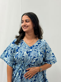 Blue Floral Printed Jaipur Cotton Feeding Kaftan Loungewear Pyjama Set | Free Size