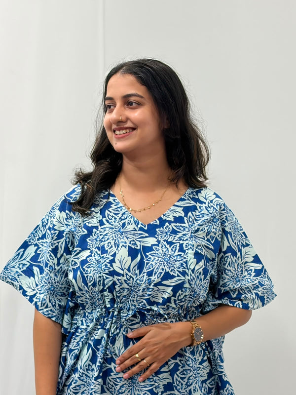 Blue Floral Printed Jaipur Cotton Feeding Kaftan Loungewear Pyjama Set | Free Size