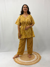 Pale Brown Floral Printed Jaipur Cotton Feeding Kaftan Loungewear Pyjama Set | Free Size