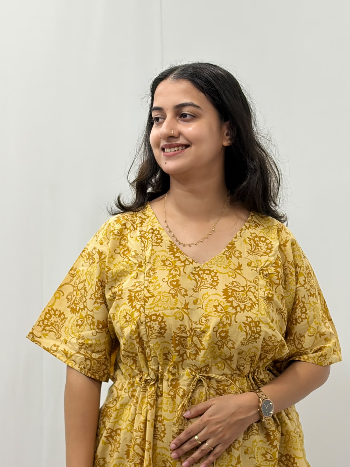 Pale Brown Floral Printed Jaipur Cotton Feeding Kaftan Loungewear Pyjama Set | Free Size