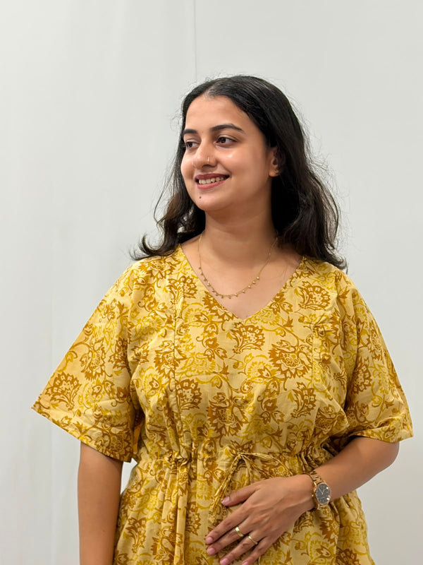 Pale Brown Floral Printed Jaipur Cotton Feeding Kaftan Loungewear Pyjama Set | Free Size