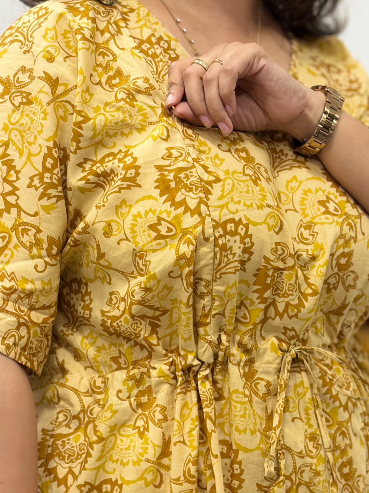 Pale Brown Floral Printed Jaipur Cotton Feeding Kaftan Loungewear Pyjama Set | Free Size