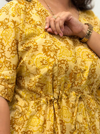 Pale Brown Floral Printed Jaipur Cotton Feeding Kaftan Loungewear Pyjama Set | Free Size
