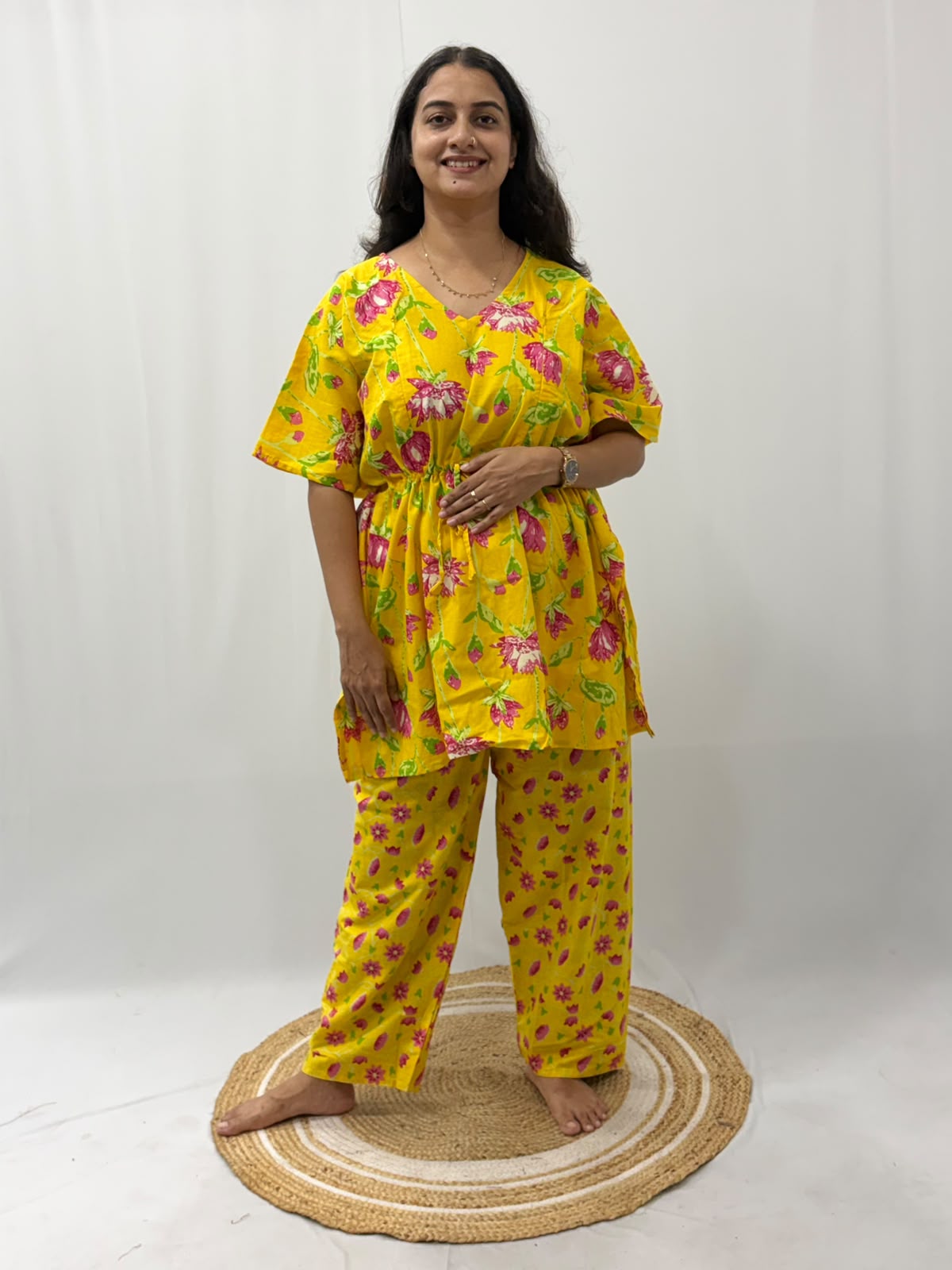 Yellow And Pink Floral Printed Jaipur Cotton Feeding Kaftan Loungewear Pyjama Set | Free Size