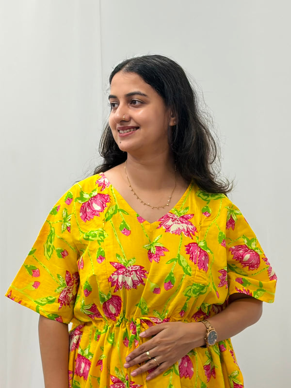 Yellow And Pink Floral Printed Jaipur Cotton Feeding Kaftan Loungewear Pyjama Set | Free Size