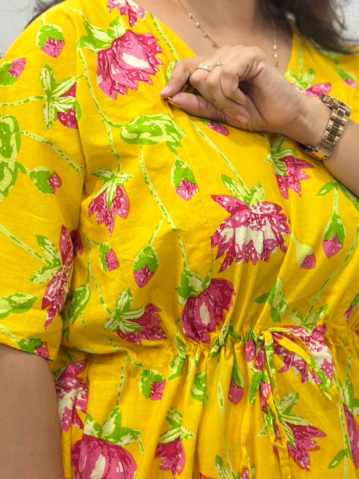 Yellow And Pink Floral Printed Jaipur Cotton Feeding Kaftan Loungewear Pyjama Set | Free Size