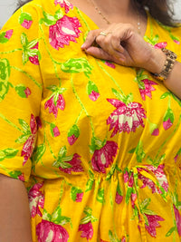 Yellow And Pink Floral Printed Jaipur Cotton Feeding Kaftan Loungewear Pyjama Set | Free Size