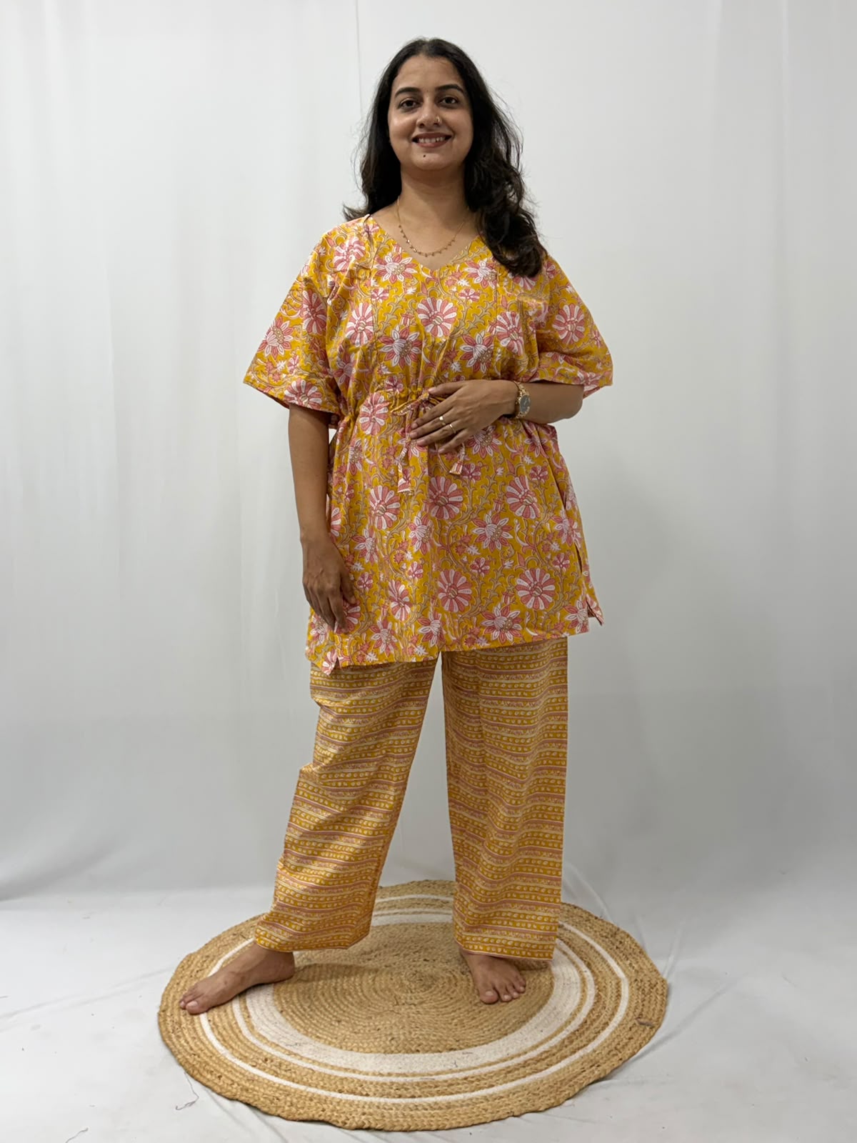 Yellow Floral Printed Jaipur Cotton Feeding Kaftan Loungewear Pyjama Set | Free Size