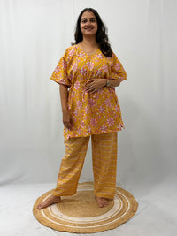 Yellow Floral Printed Jaipur Cotton Feeding Kaftan Loungewear Pyjama Set | Free Size