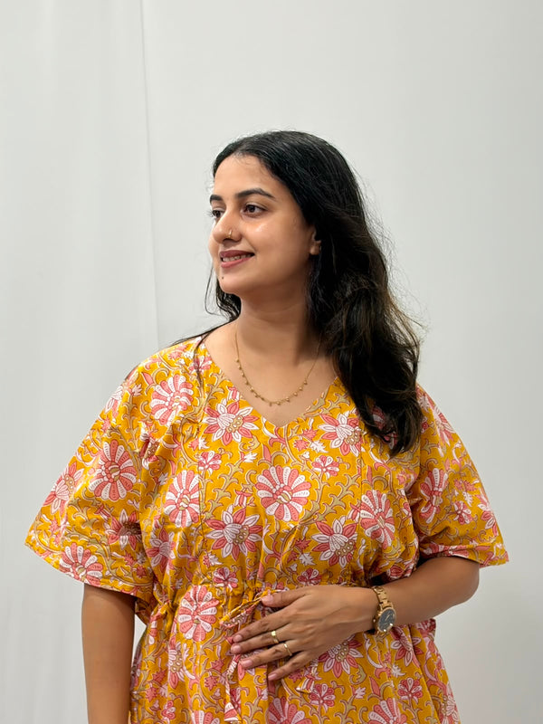 Yellow Floral Printed Jaipur Cotton Feeding Kaftan Loungewear Pyjama Set | Free Size