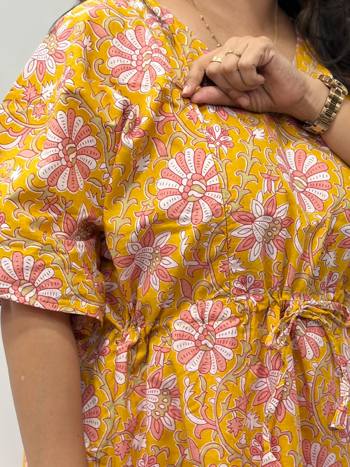 Yellow Floral Printed Jaipur Cotton Feeding Kaftan Loungewear Pyjama Set | Free Size