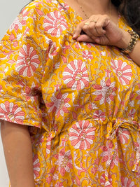 Yellow Floral Printed Jaipur Cotton Feeding Kaftan Loungewear Pyjama Set | Free Size