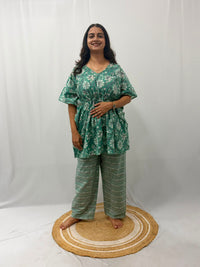 Green Floral Printed Jaipur Cotton Feeding Kaftan Loungewear Pyjama Set | Free Size